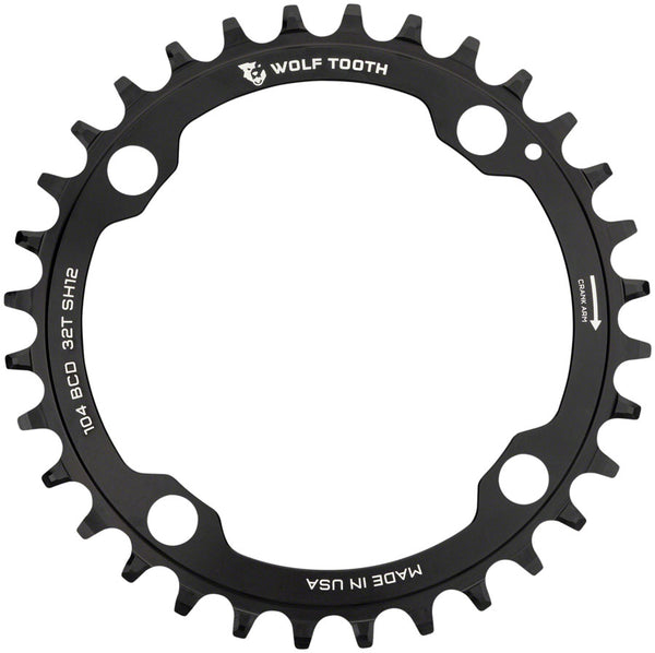 Wolf Tooth 104 BCD Chainring - 32t, 104 BCD, 4-Bolt, Requires Shimano 12-Speed Hyperglide+ Chain, Black